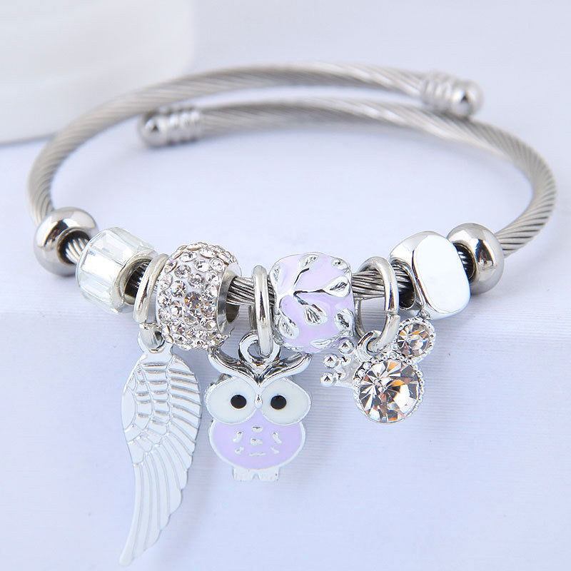 Owl Angel Wings Pendant Stainless Steel Bracelet