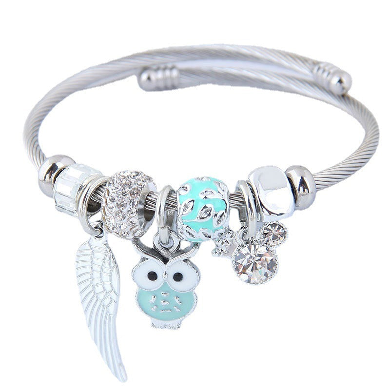 Owl Angel Wings Pendant Stainless Steel Bracelet