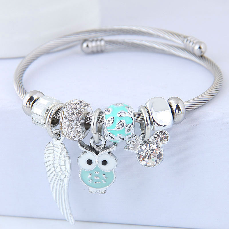 Owl Angel Wings Pendant Stainless Steel Bracelet