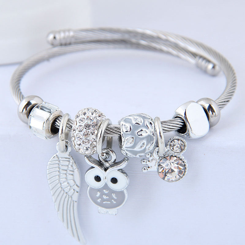 Owl Angel Wings Pendant Stainless Steel Bracelet