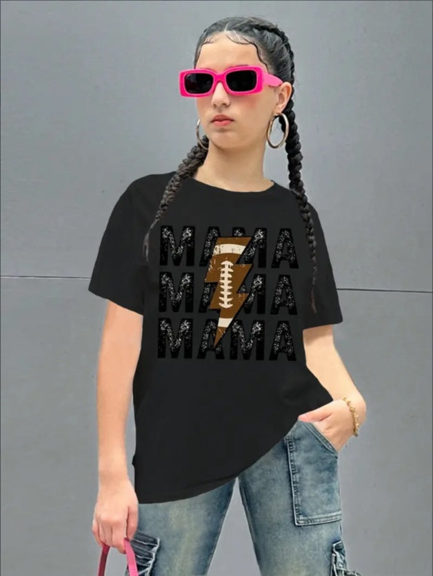 Chic 'MAMA' Graphic Tee For Girls - Casual Sporty Crew Neck, Soft Machine Washable - Perfect Summer Top