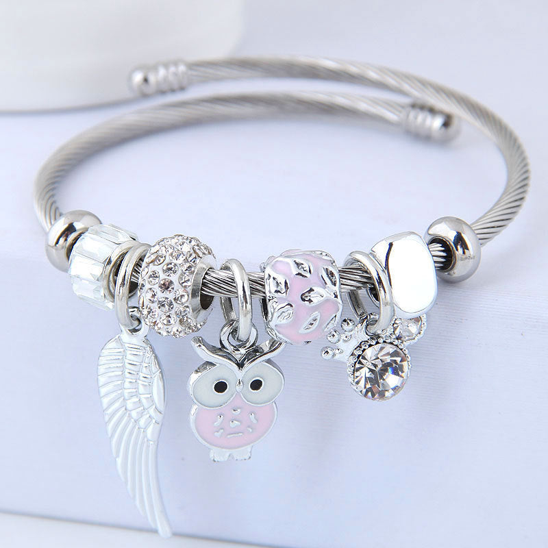 Owl Angel Wings Pendant Stainless Steel Bracelet