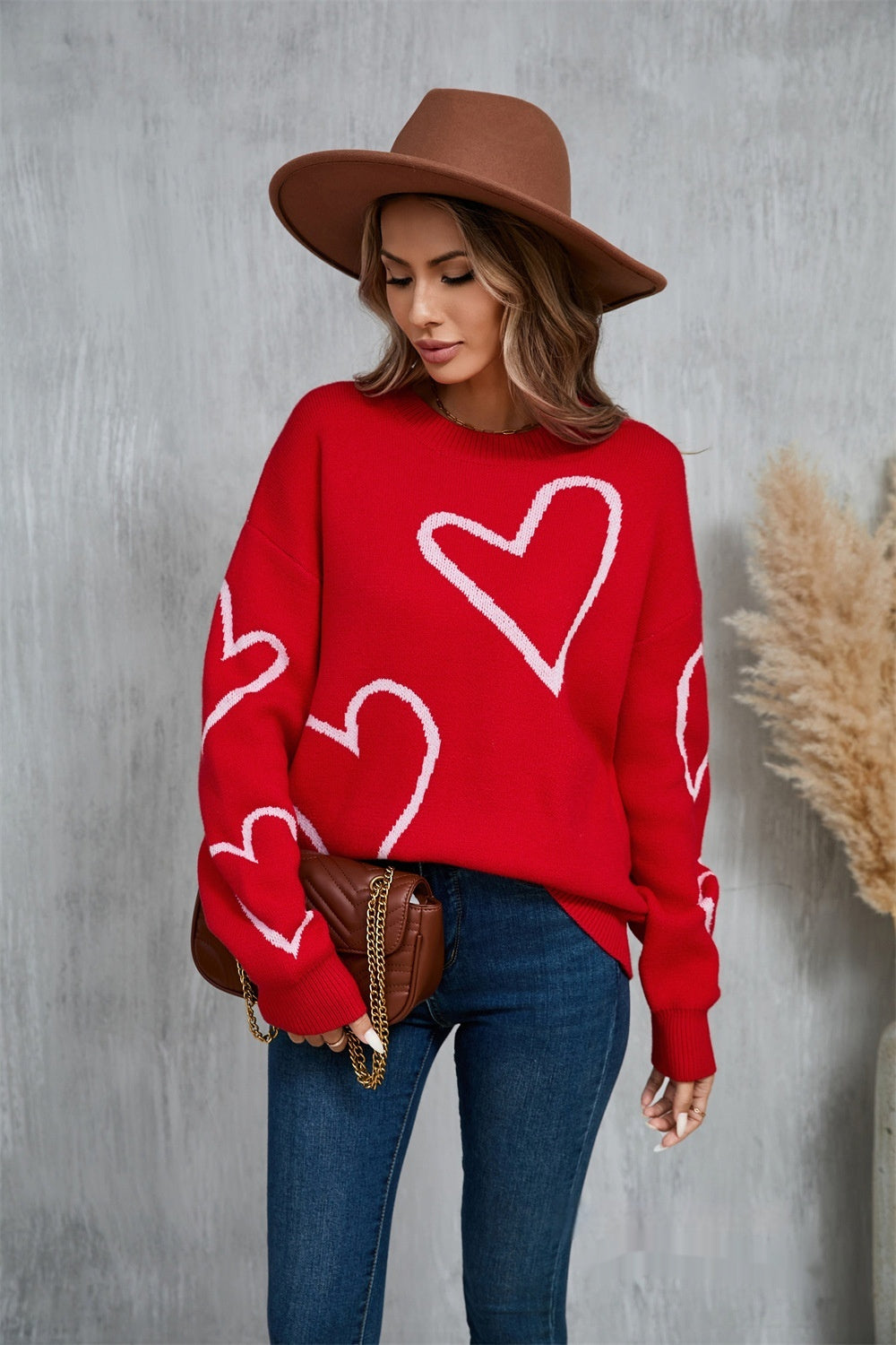 Female With Hearts Valentine's Day Pullover Big Peach Heart Contrast Color Sweater